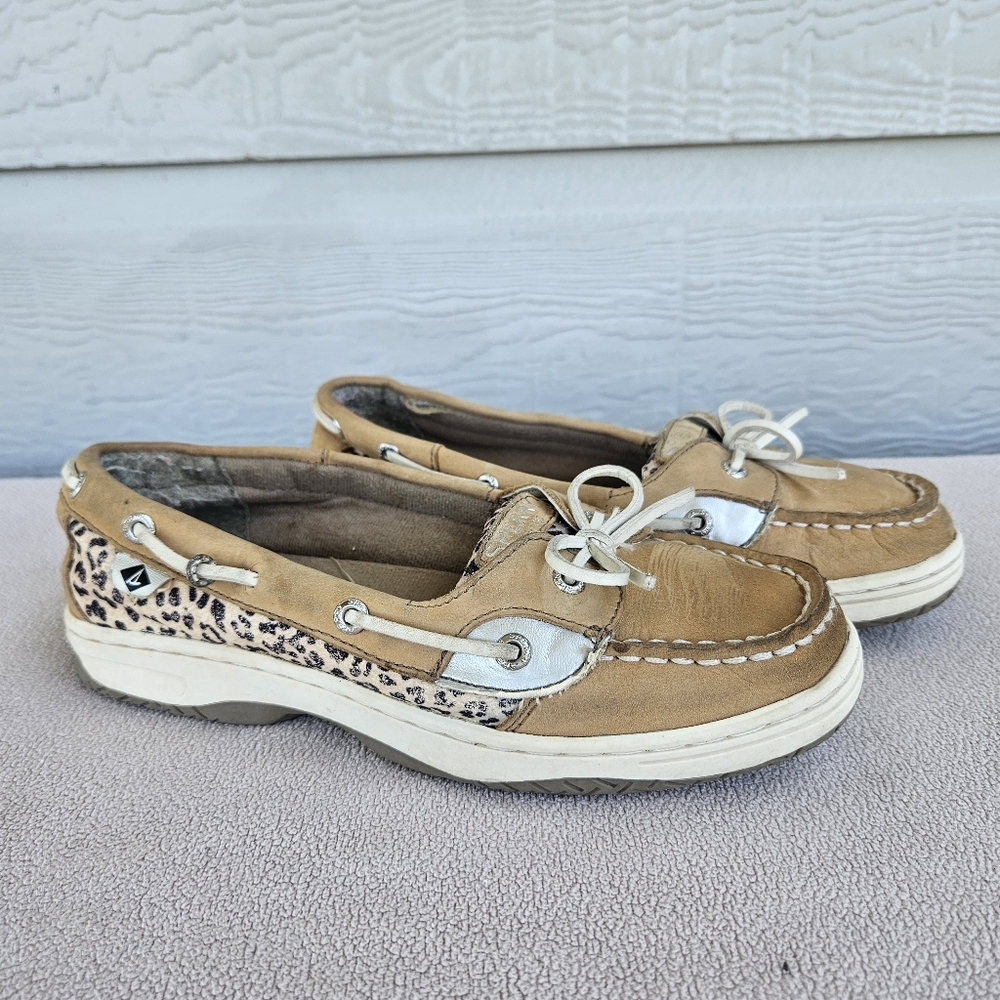 Sperry Top-Sider Angelfish Leather Suede Boat Shoes Leopard Youth Size 4 Tan